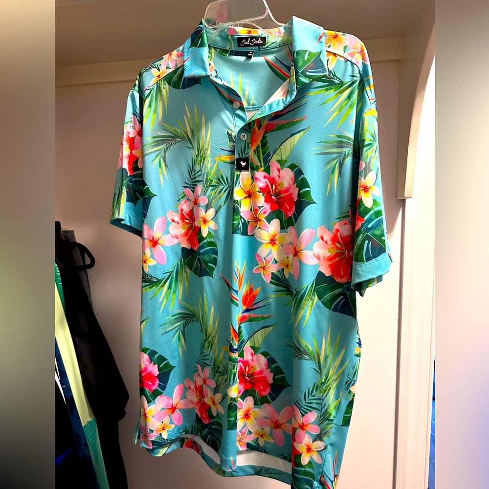 BAD BIRDIE Size XL Men’s Floral Polo Hawaiian Shirt Blue